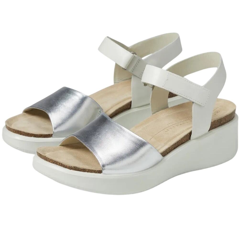 ECCO Womens Flowt Wedge Cork Sandal EU 36 US 5.5 Silver White Nubuck EUC
